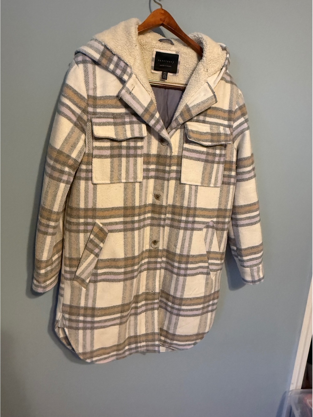 Sanctuary Women's Medium Hooded Plaid Coat with Sherpa Lining